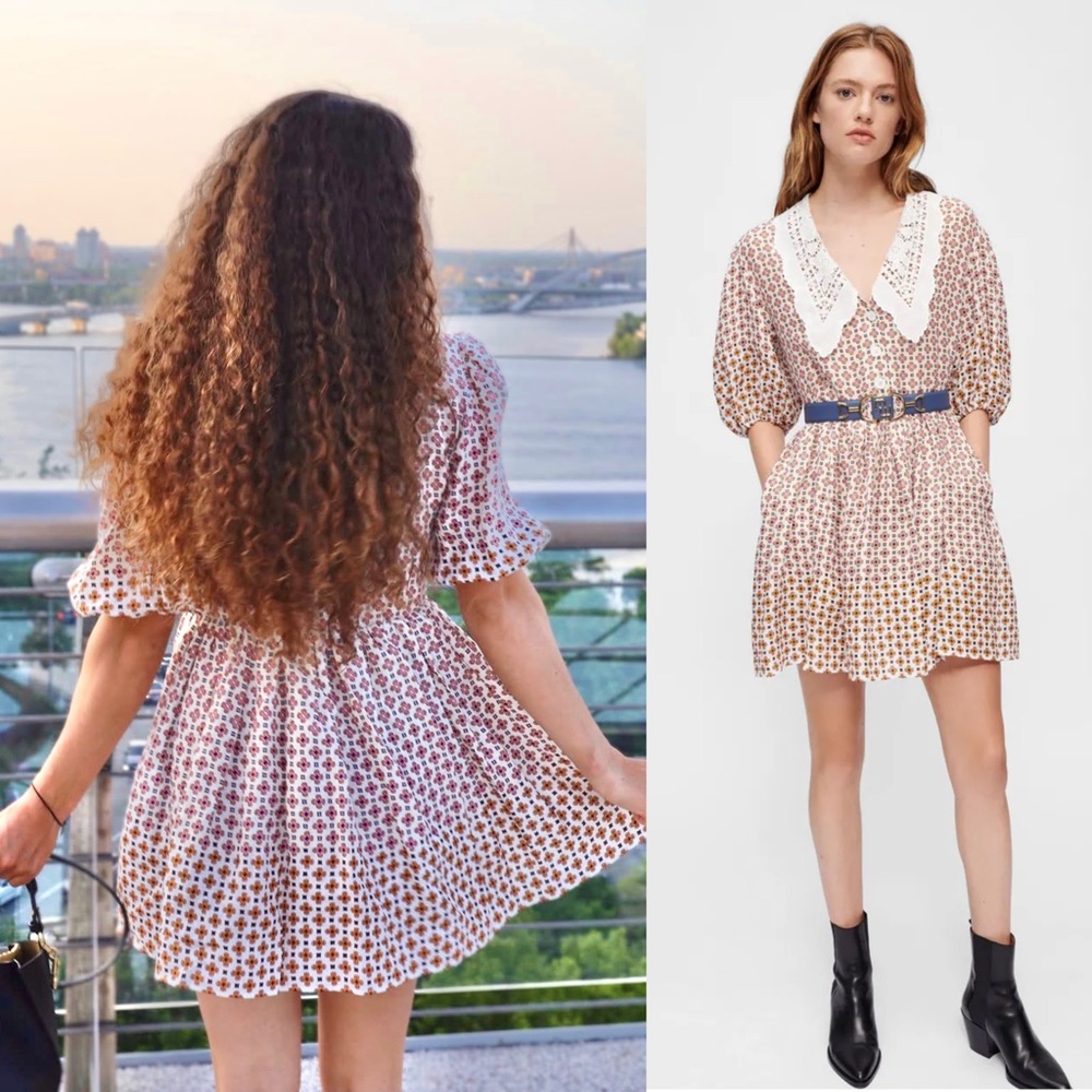 MAJE Lace Collar Tile Print Linen Puff Sleeve Cottagecore 70s Babydoll Dress‎ 6 - Picture 8 of 16